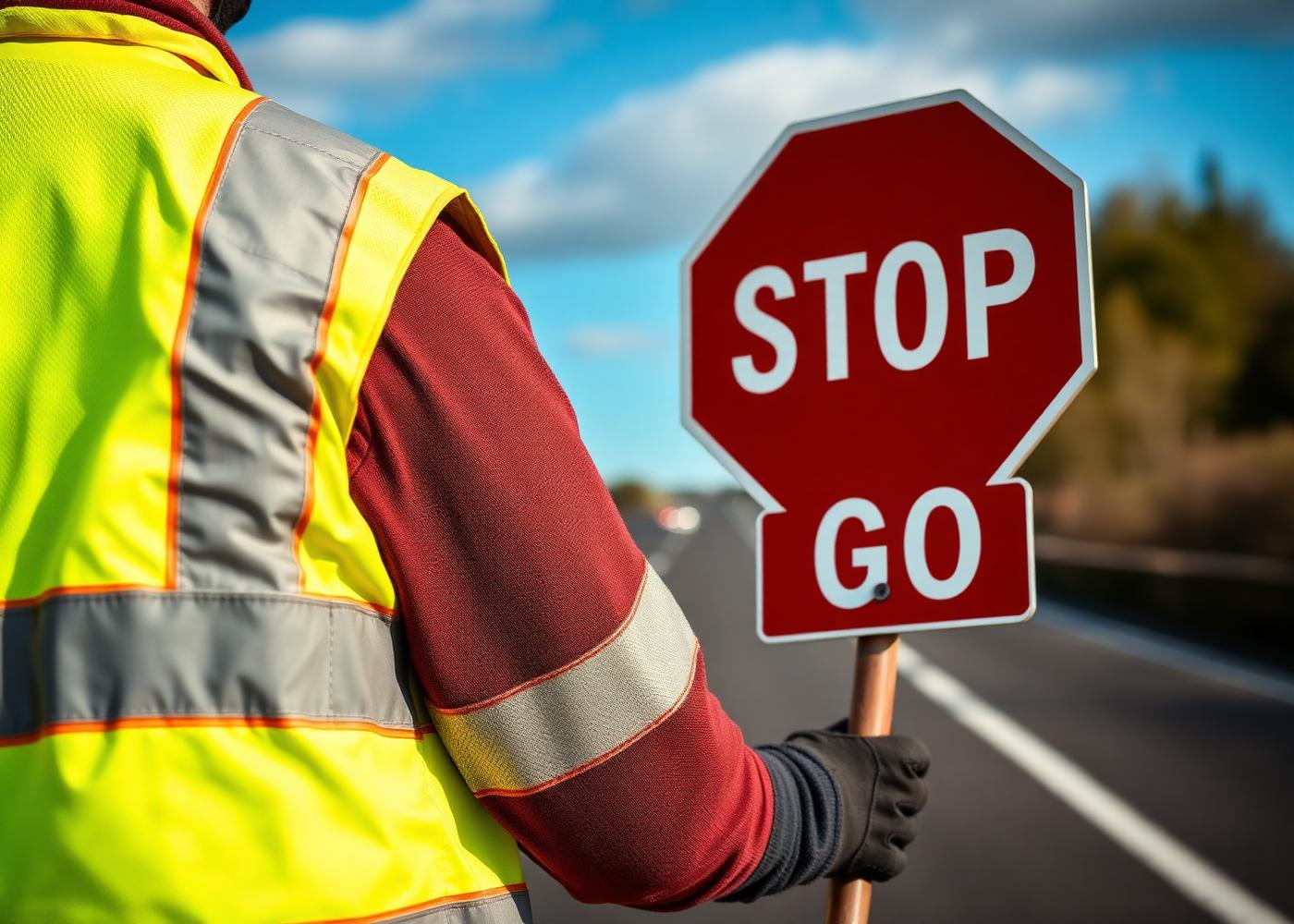 Highways traffic management operative with stop/go sign