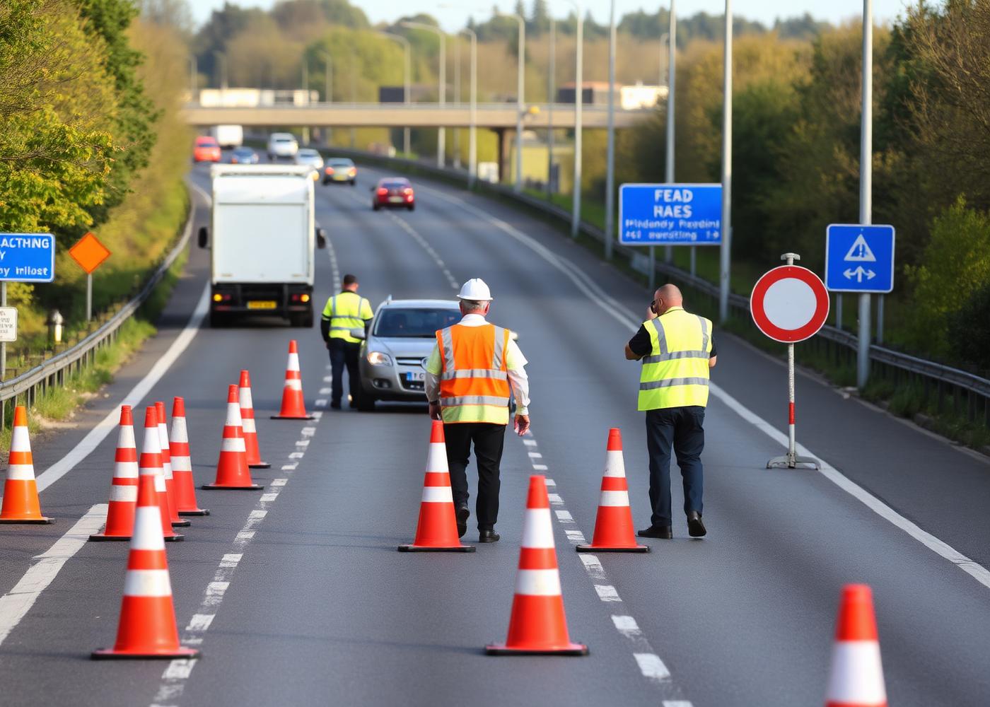 Roadworks with cones and highways personnel